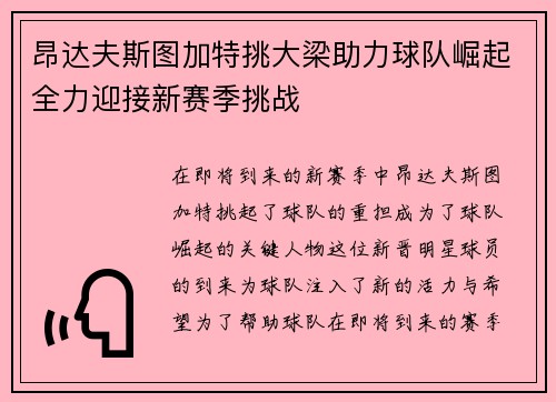 昂达夫斯图加特挑大梁助力球队崛起全力迎接新赛季挑战